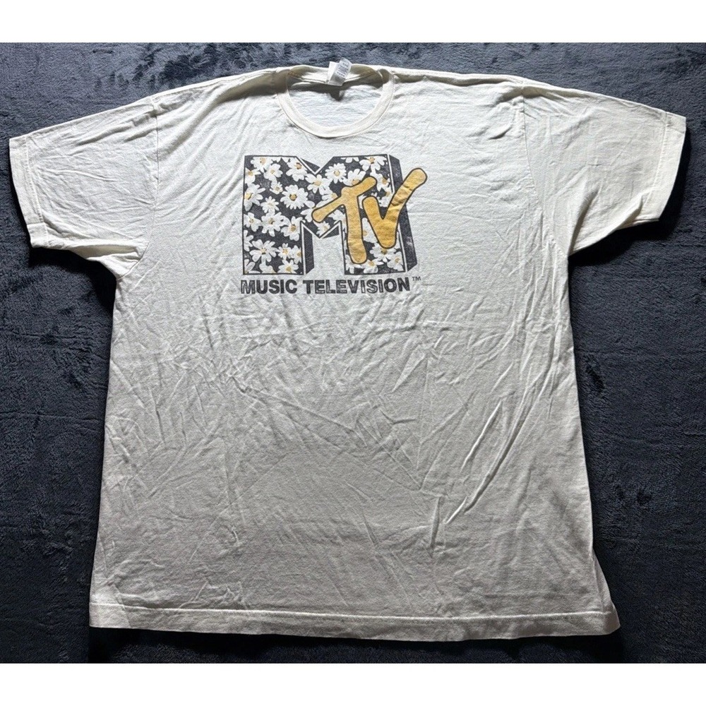 MTV Floral Daisy Logo T Shirt Short Sleeve Off White Retro Graphic Tee Sz. XXL